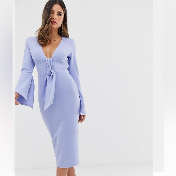 ASOS Design Long Sleeve Plunge Tie Belt Midi Dress - Picture 3 of 4
